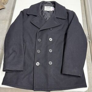 Schott NYC US 740N Pea Jacket Mens 46 Black Wool Double Breasted Navy Coat USA